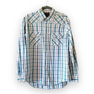Lucky‎ Brand Dungarees Western Shirt Plaid Pearl Snaps Women’s Size Medium Rodeo
